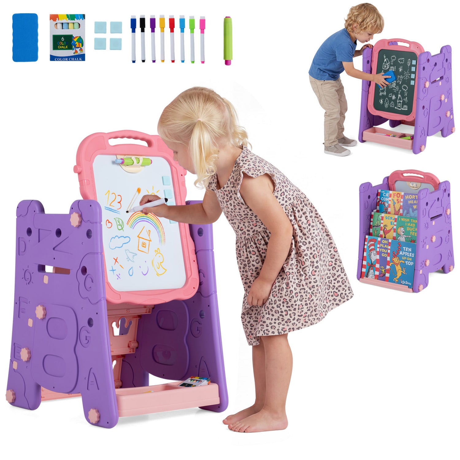 3 in 1 Art Easel for Kids with Double Sided Magnetic Board-Pink