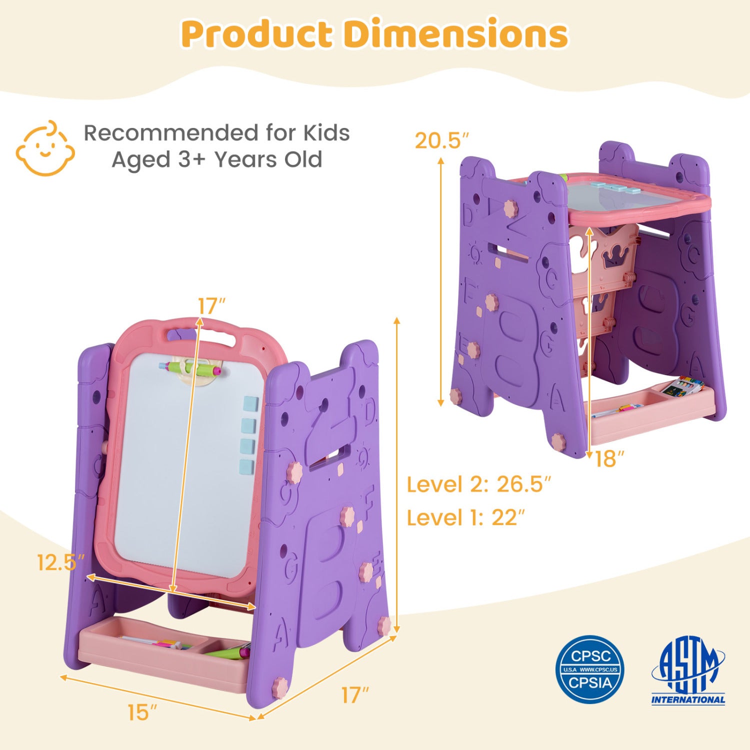 3 in 1 Art Easel for Kids with Double Sided Magnetic Board-Pink