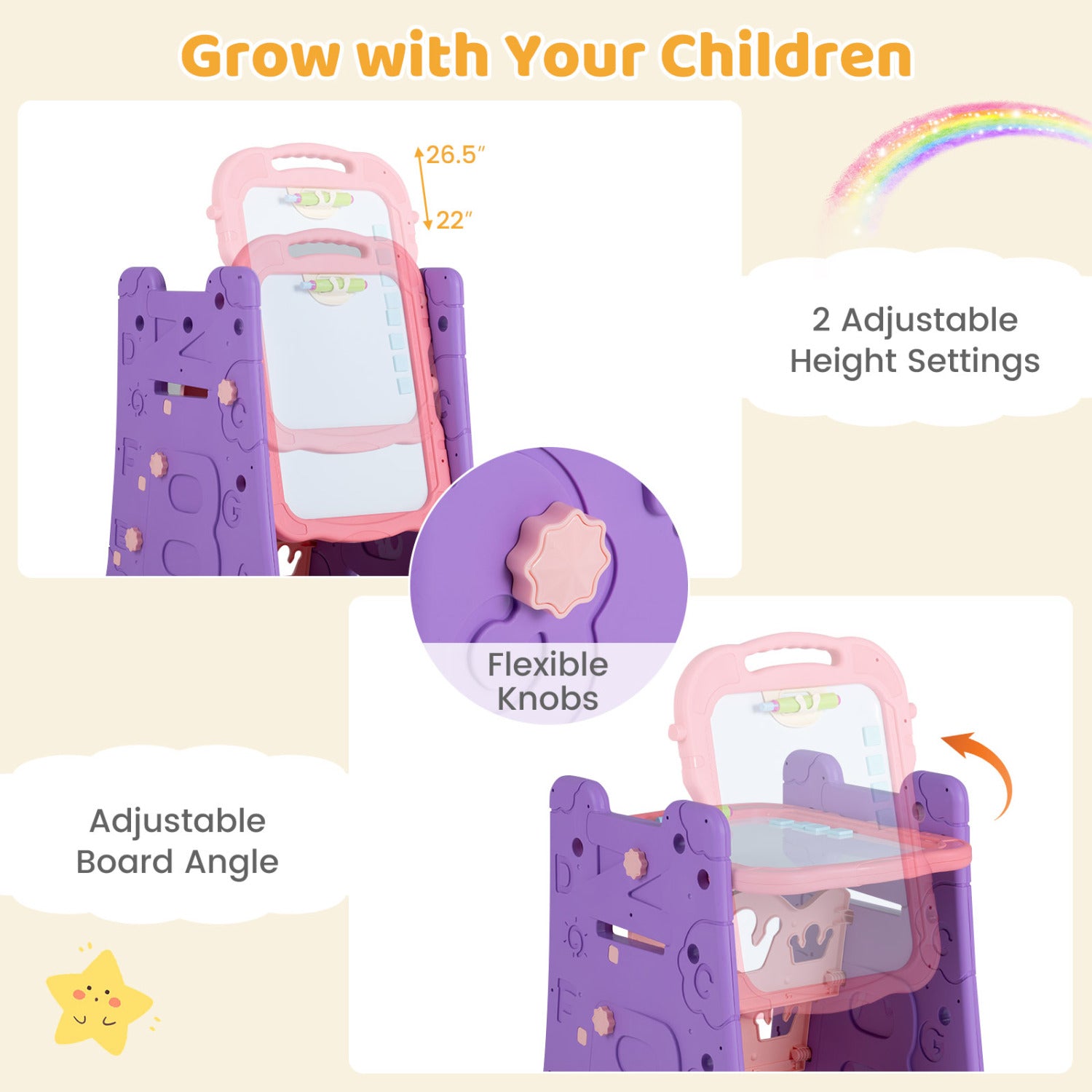 3 in 1 Art Easel for Kids with Double Sided Magnetic Board-Pink
