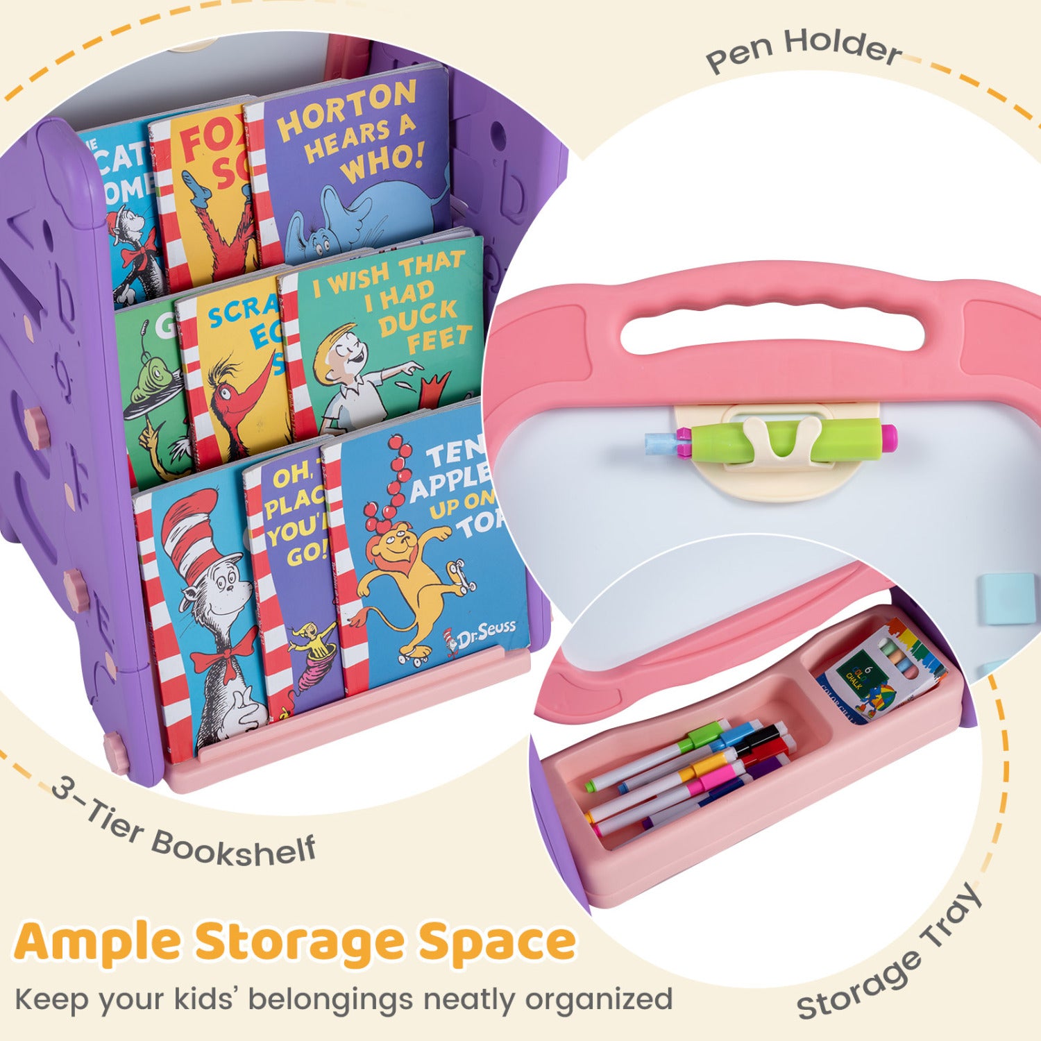 3 in 1 Art Easel for Kids with Double Sided Magnetic Board-Pink