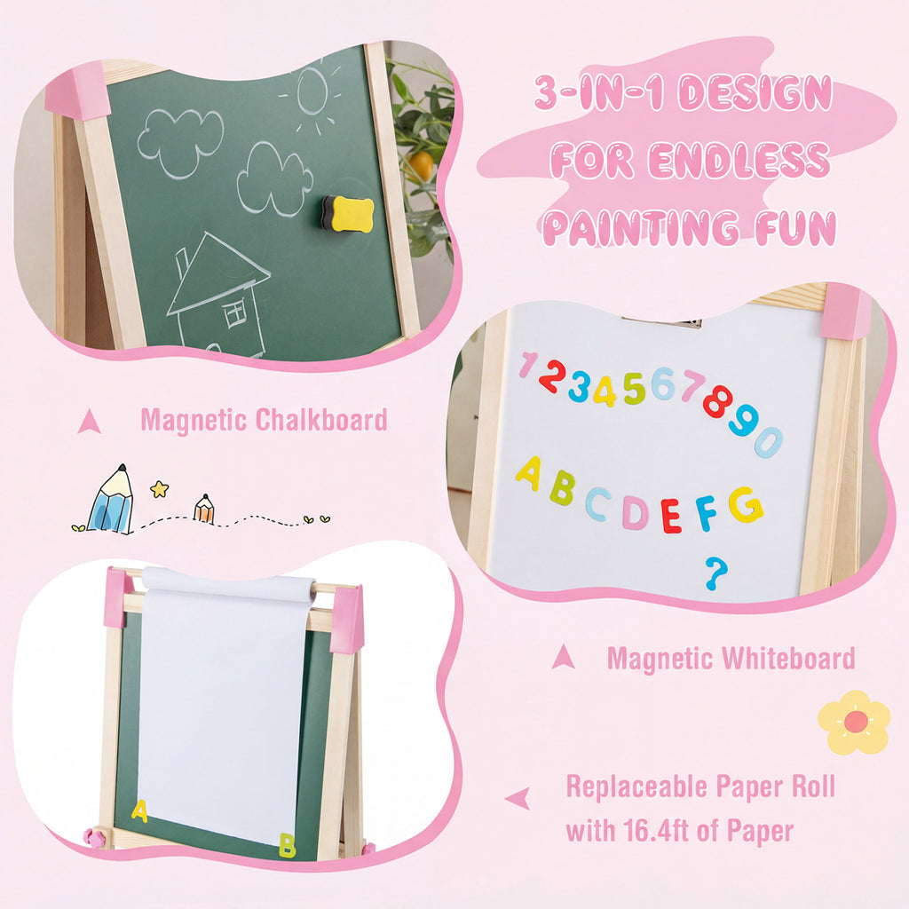 3-in-1 Double-Sided Adjustable Kid Easel for 3-8 Years Old Toddlers-Pink
