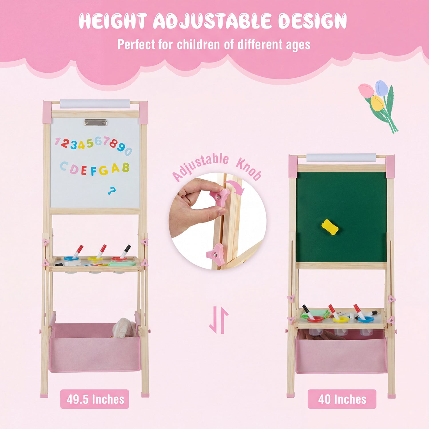 3-in-1 Double-Sided Adjustable Kid Easel for 3-8 Years Old Toddlers-Pink