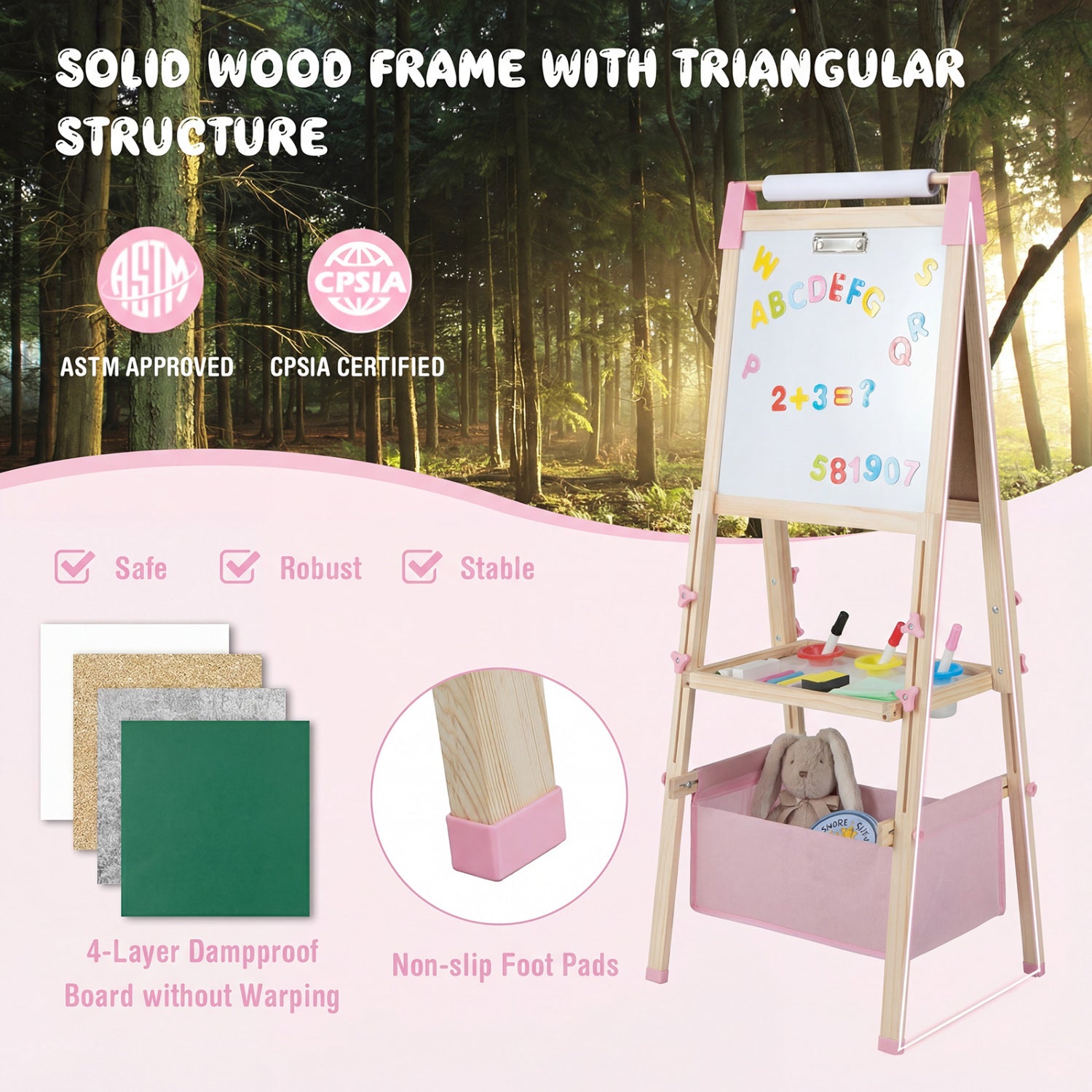 3-in-1 Double-Sided Adjustable Kid Easel for 3-8 Years Old Toddlers-Pink