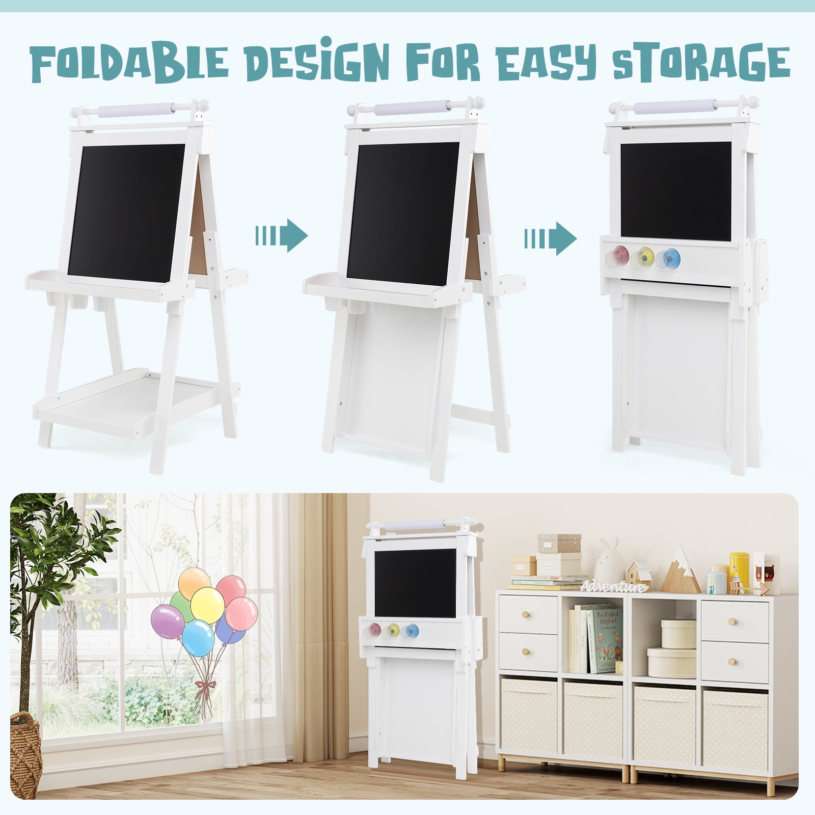 3-in-1 Double-sided Art Easel with Chalkboard and Magnetic Whiteboard-White
