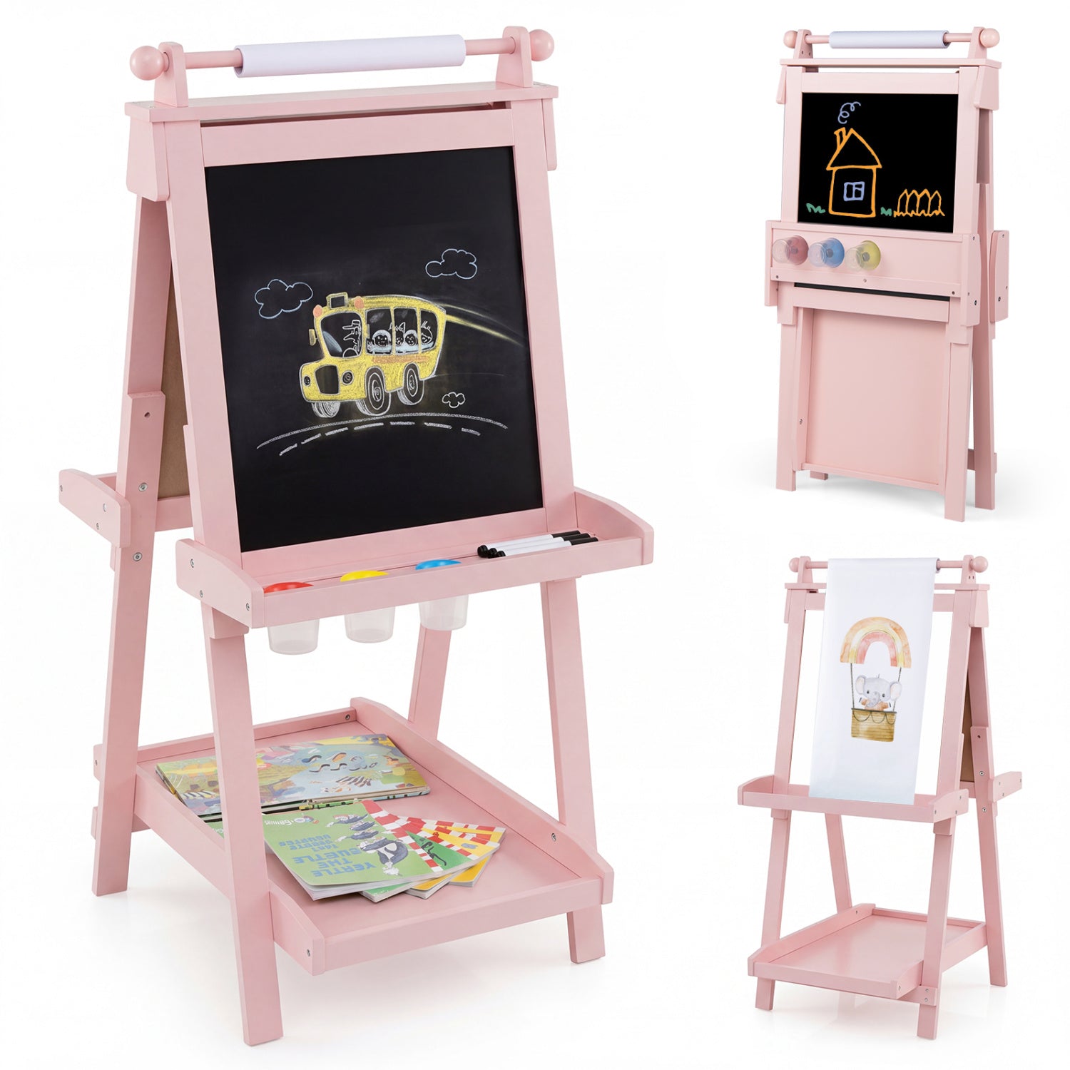 3-in-1 Double-sided Art Easel with Chalkboard and Magnetic Whiteboard-Pink