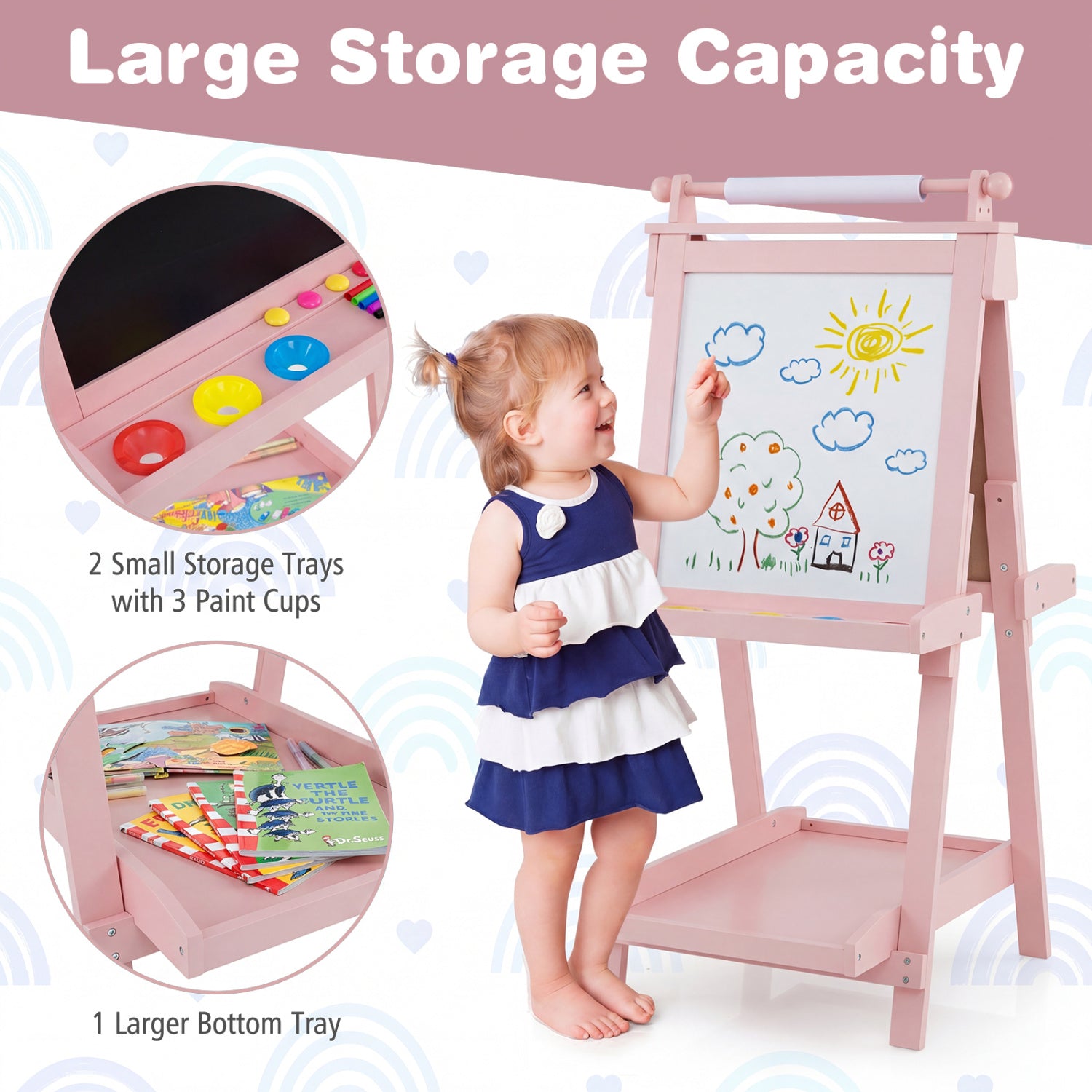 3-in-1 Double-sided Art Easel with Chalkboard and Magnetic Whiteboard-Pink