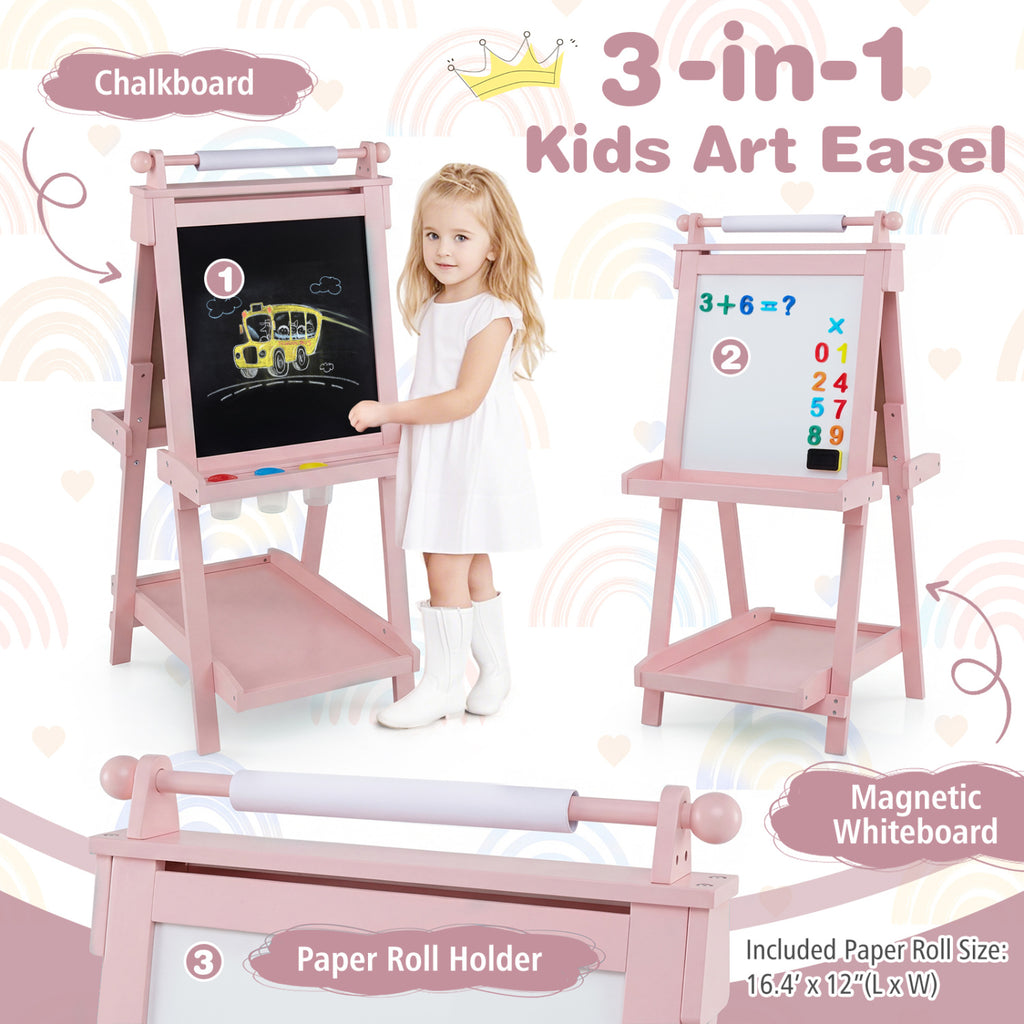 3-in-1 Double-sided Art Easel with Chalkboard and Magnetic Whiteboard-Pink