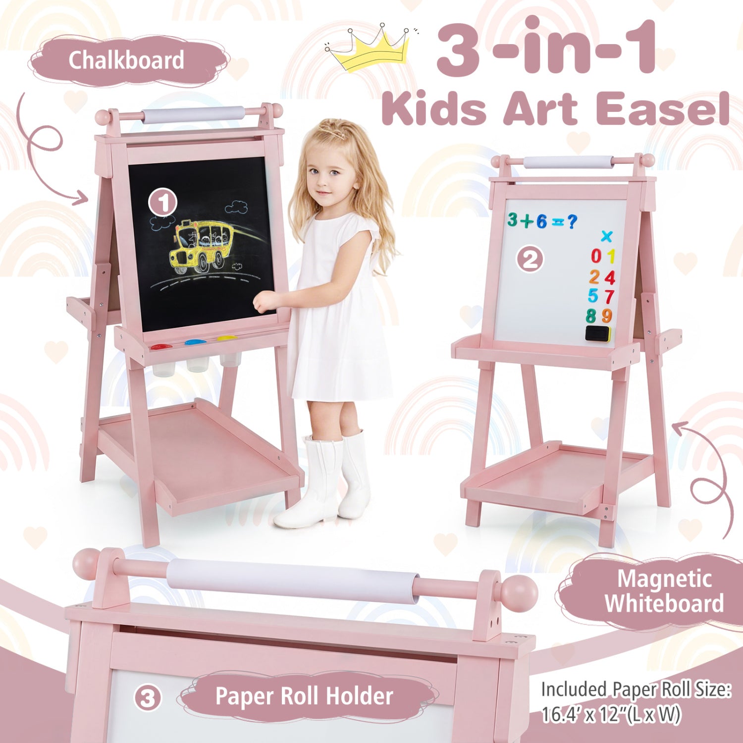 3-in-1 Double-sided Art Easel with Chalkboard and Magnetic Whiteboard-Pink