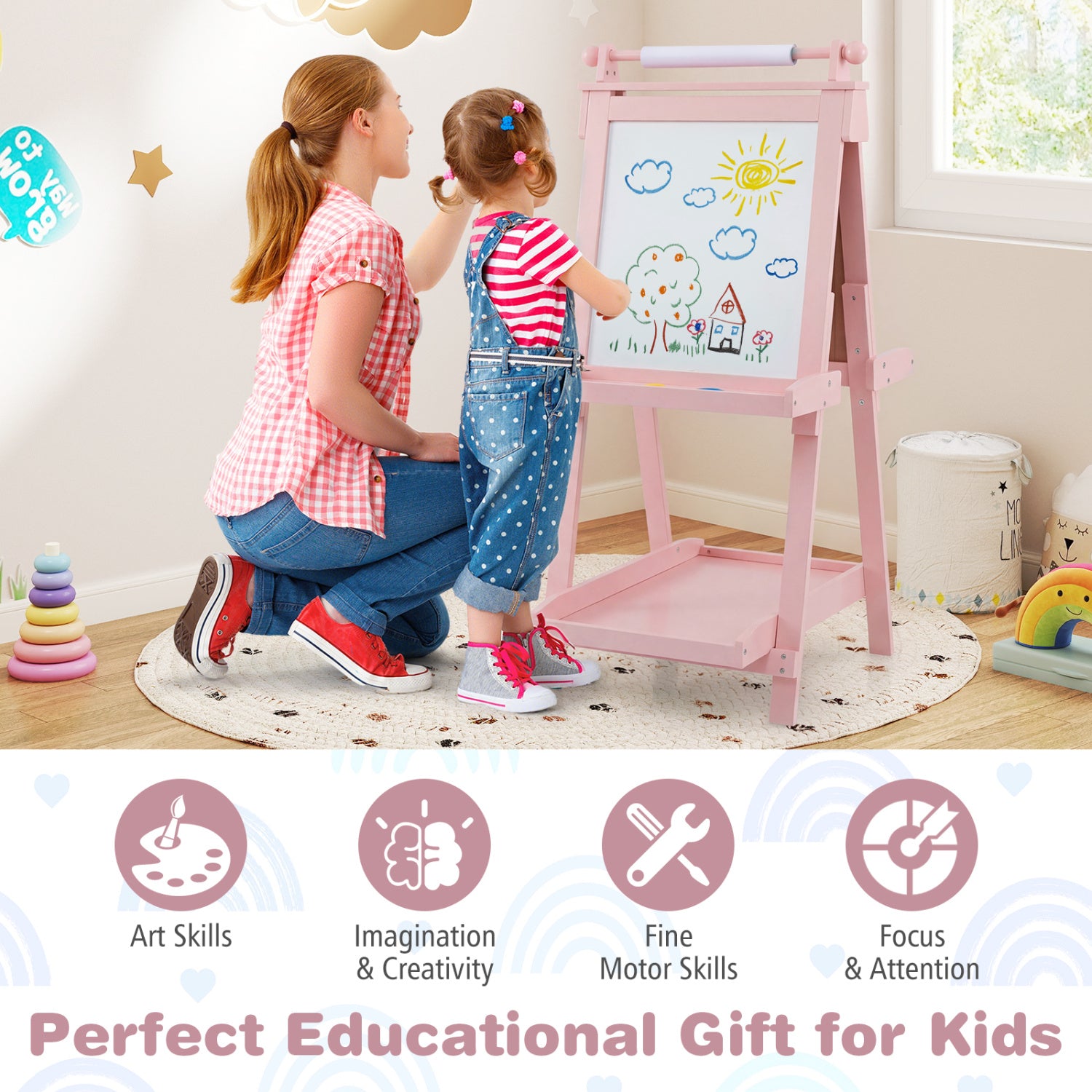 3-in-1 Double-sided Art Easel with Chalkboard and Magnetic Whiteboard-Pink