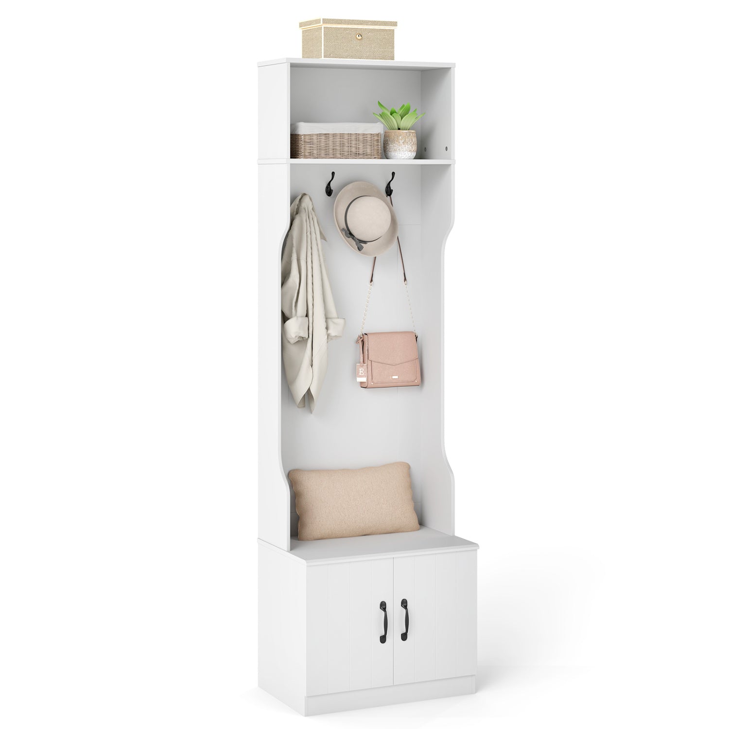 3-in-1 Hall Tree with Bench and Storage 23.5€ Wide Mudroom Storage-WHite