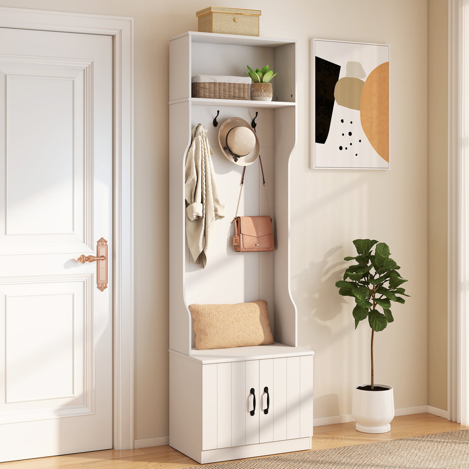 3-in-1 Hall Tree with Bench and Storage 23.5€ Wide Mudroom Storage-WHite
