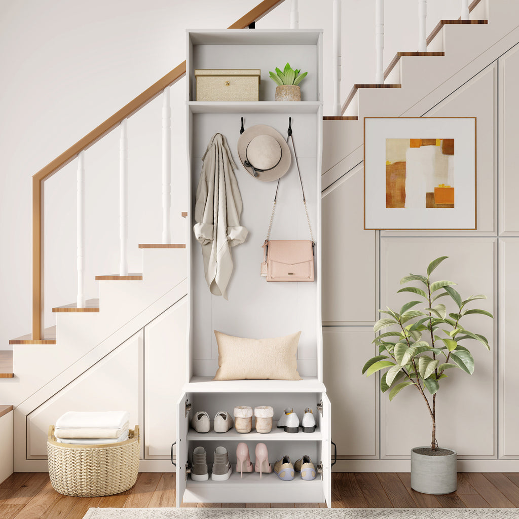 3-in-1 Hall Tree with Bench and Storage 23.5€ Wide Mudroom Storage-WHite