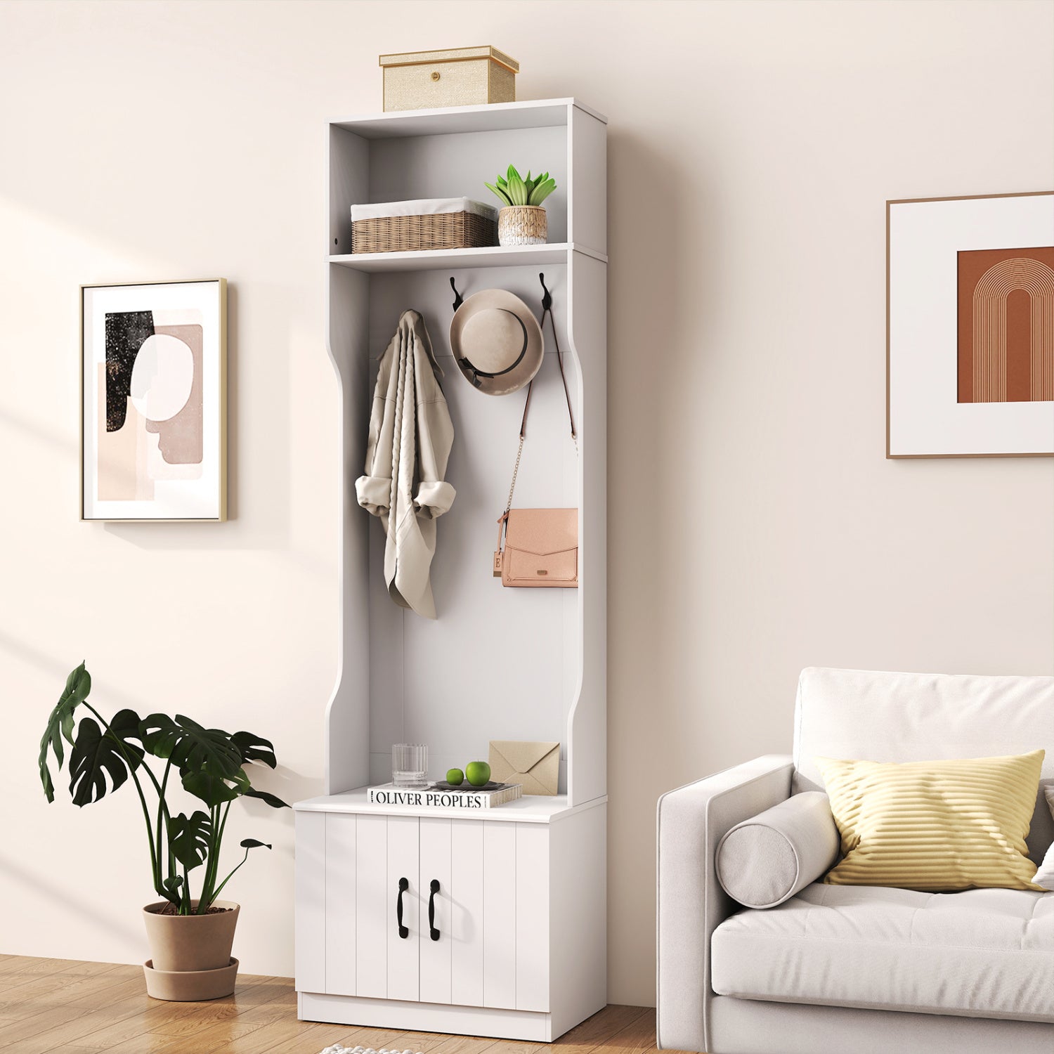 3-in-1 Hall Tree with Bench and Storage 23.5€ Wide Mudroom Storage-WHite