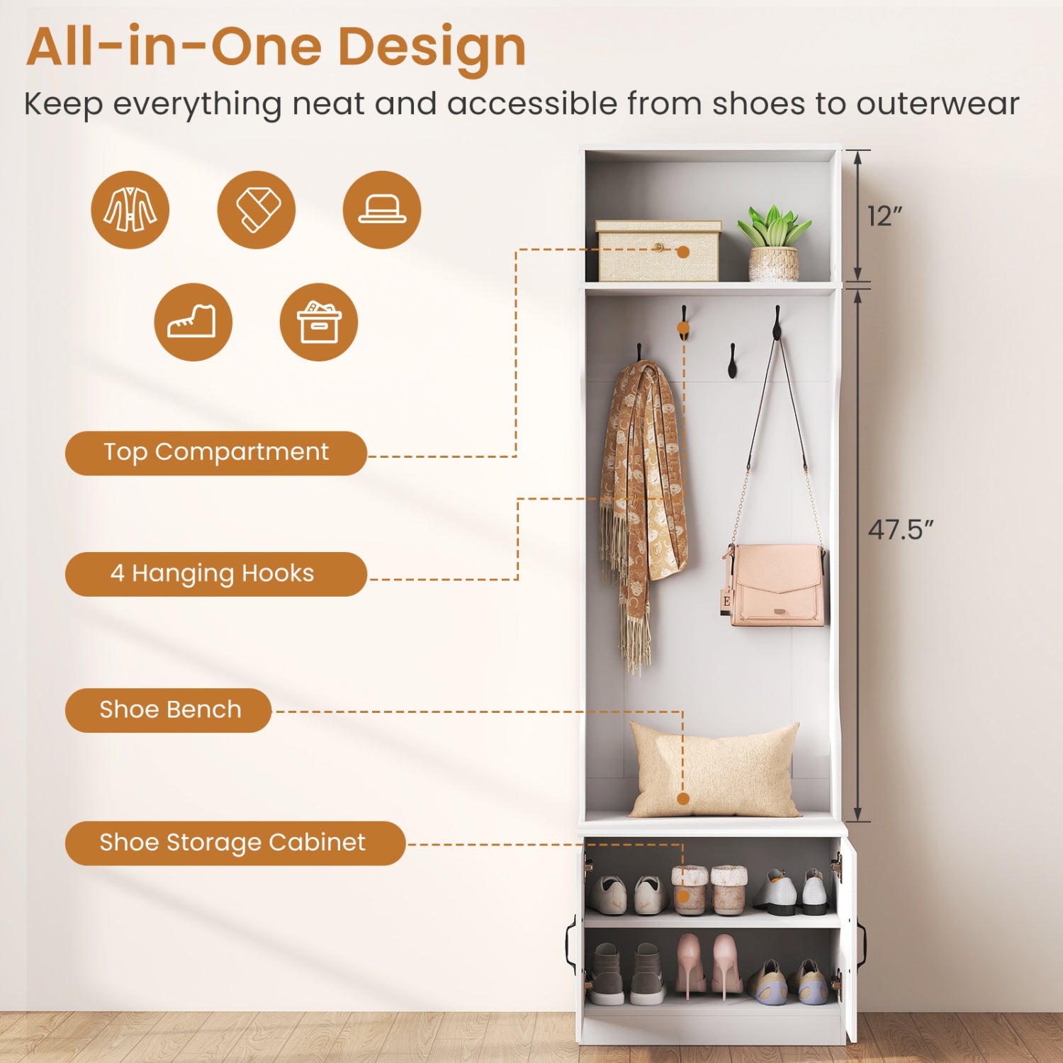 3-in-1 Hall Tree with Bench and Storage 23.5€ Wide Mudroom Storage-WHite