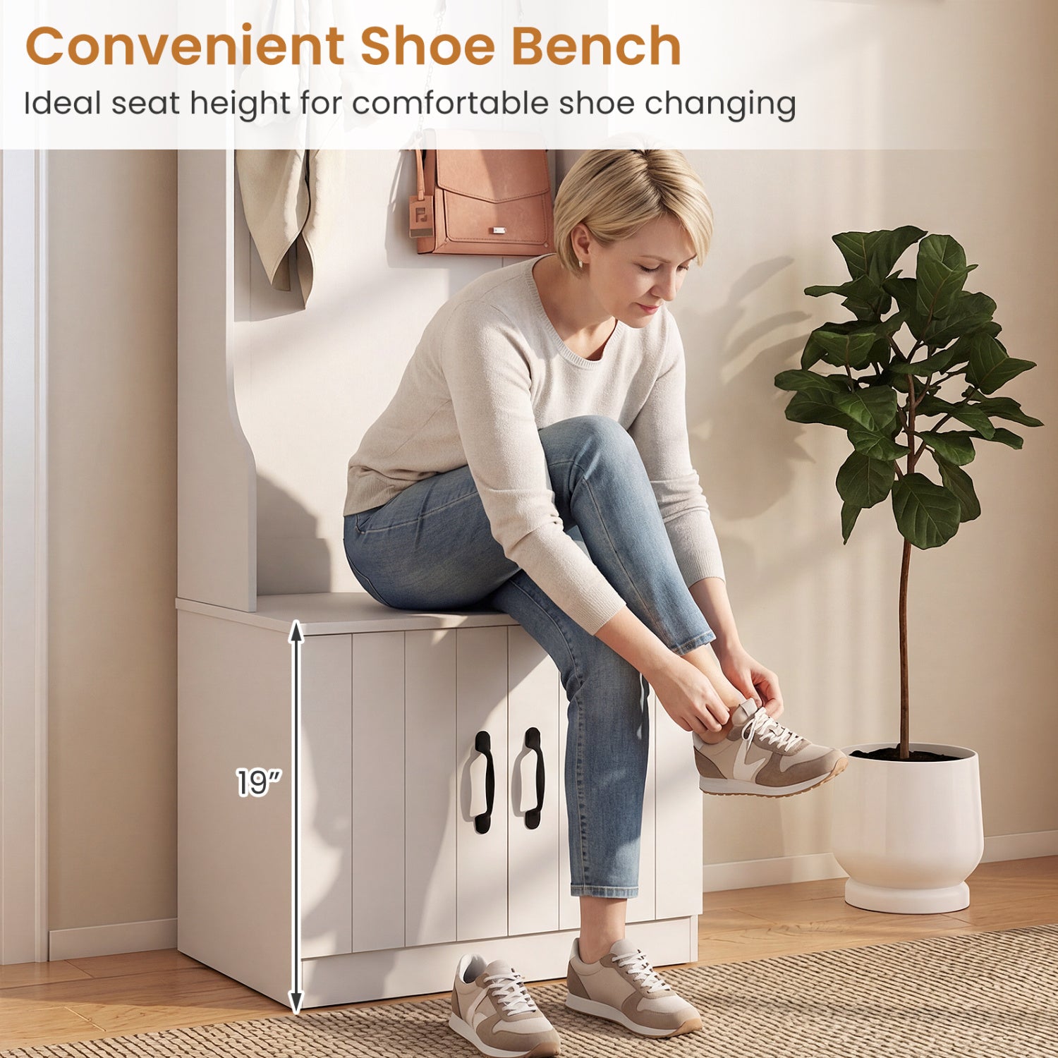 3-in-1 Hall Tree with Bench and Storage 23.5€ Wide Mudroom Storage-WHite