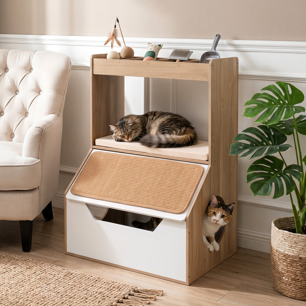 3-in-1 Hidden Cat House Cabinet with 4 Cubbies Removable Cushion and Scratching Pad-Natrual