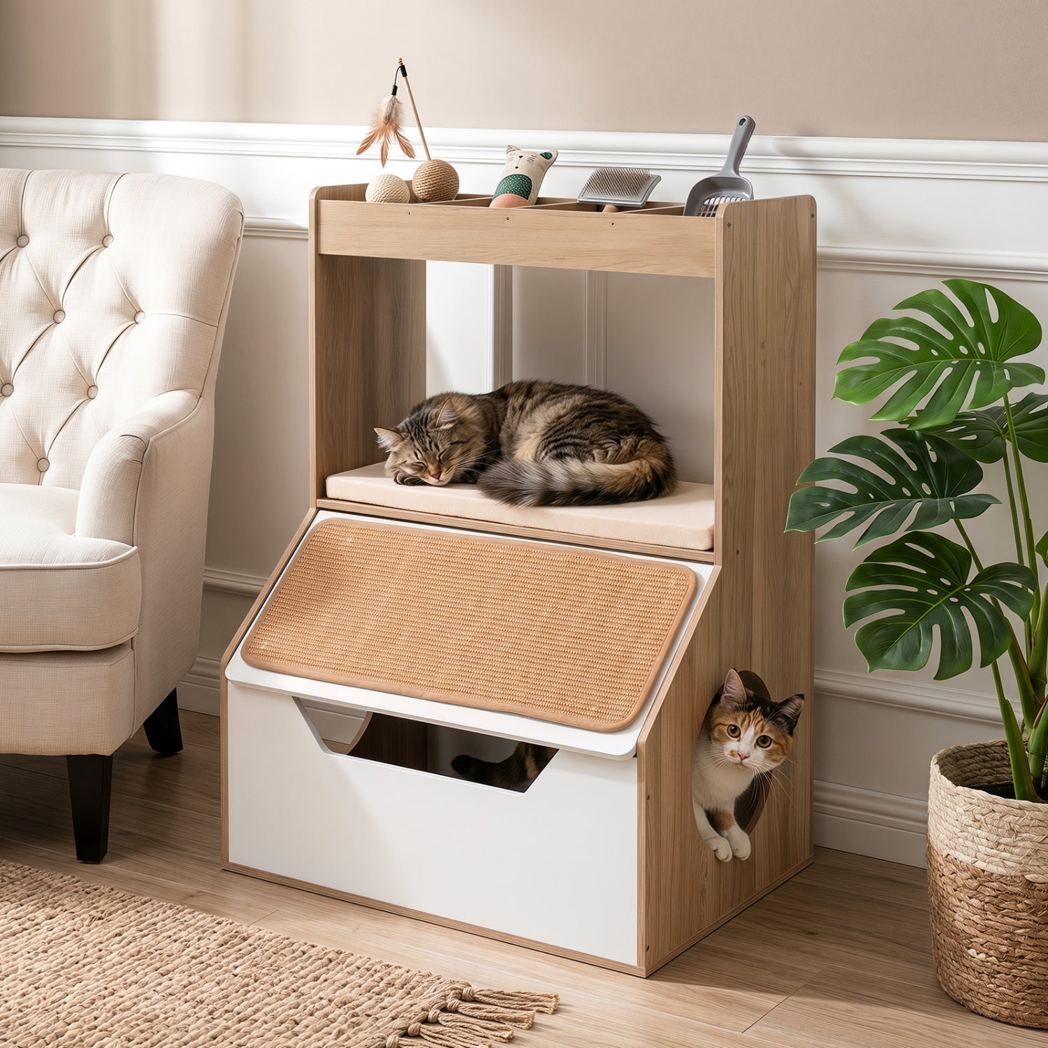 3-in-1 Hidden Cat House Cabinet with 4 Cubbies Removable Cushion and Scratching Pad-Natrual