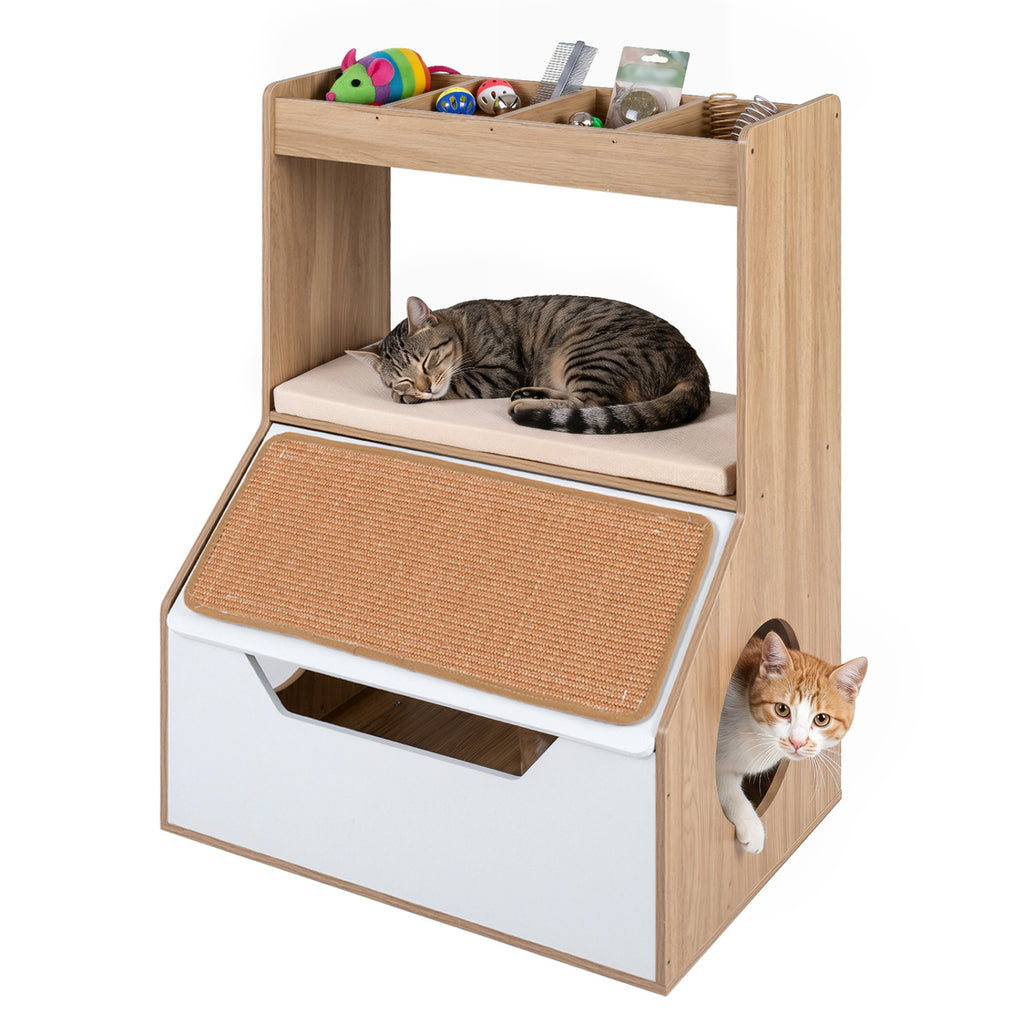 3-in-1 Hidden Cat House Cabinet with 4 Cubbies Removable Cushion and Scratching Pad-Natrual