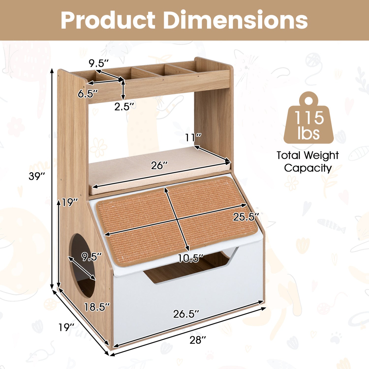 3-in-1 Hidden Cat House Cabinet with 4 Cubbies Removable Cushion and Scratching Pad-Natrual