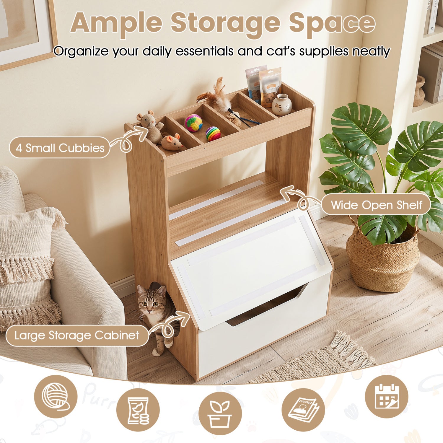 3-in-1 Hidden Cat House Cabinet with 4 Cubbies Removable Cushion and Scratching Pad-Natrual