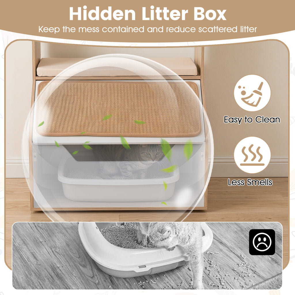 3-in-1 Hidden Cat House Cabinet with 4 Cubbies Removable Cushion and Scratching Pad-Natrual