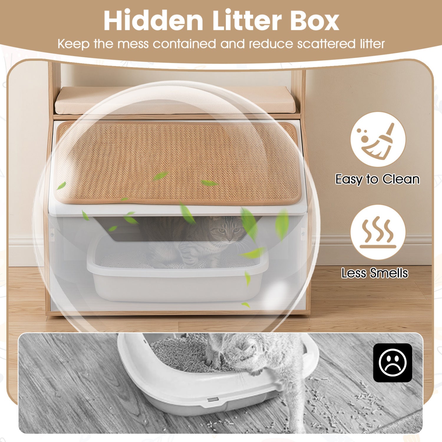 3-in-1 Hidden Cat House Cabinet with 4 Cubbies Removable Cushion and Scratching Pad-Natrual