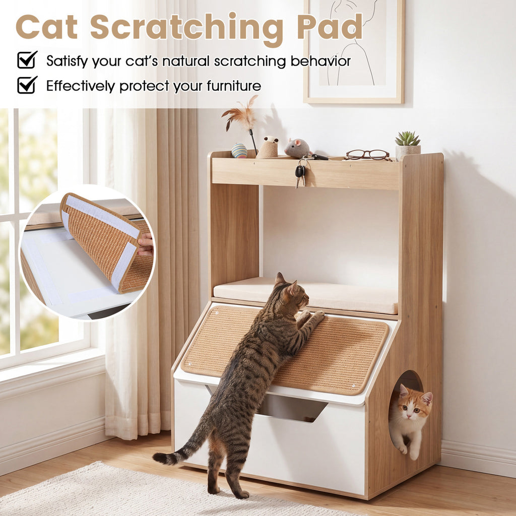 3-in-1 Hidden Cat House Cabinet with 4 Cubbies Removable Cushion and Scratching Pad-Natrual