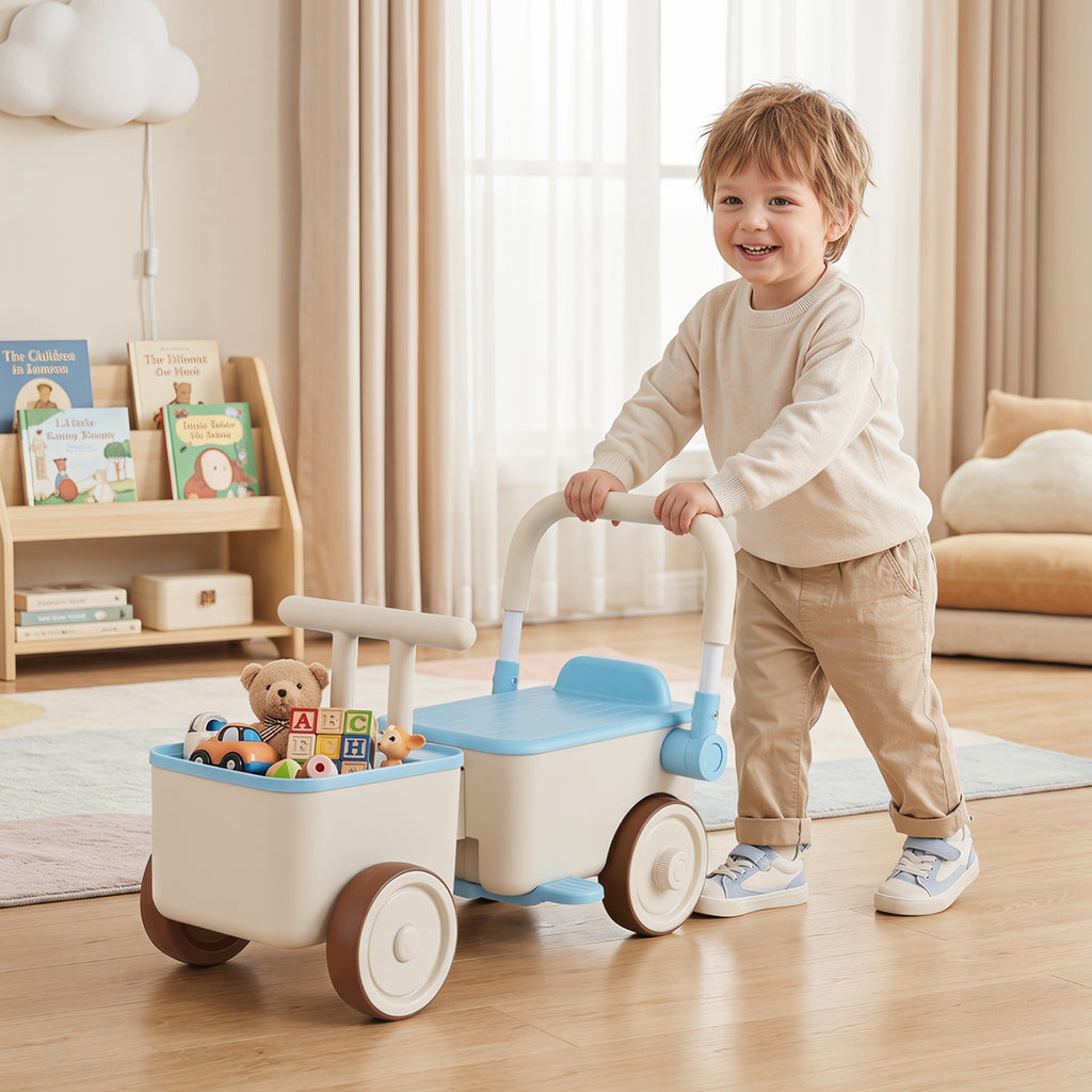3-in-1 Kids Ride On Push Car with Rope and Storage Basket-Blue