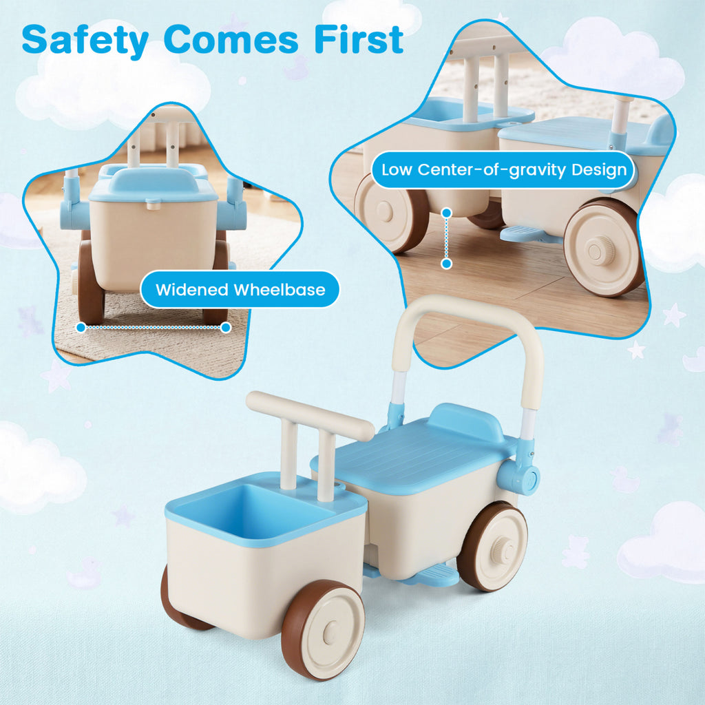3-in-1 Kids Ride On Push Car with Rope and Storage Basket-Blue