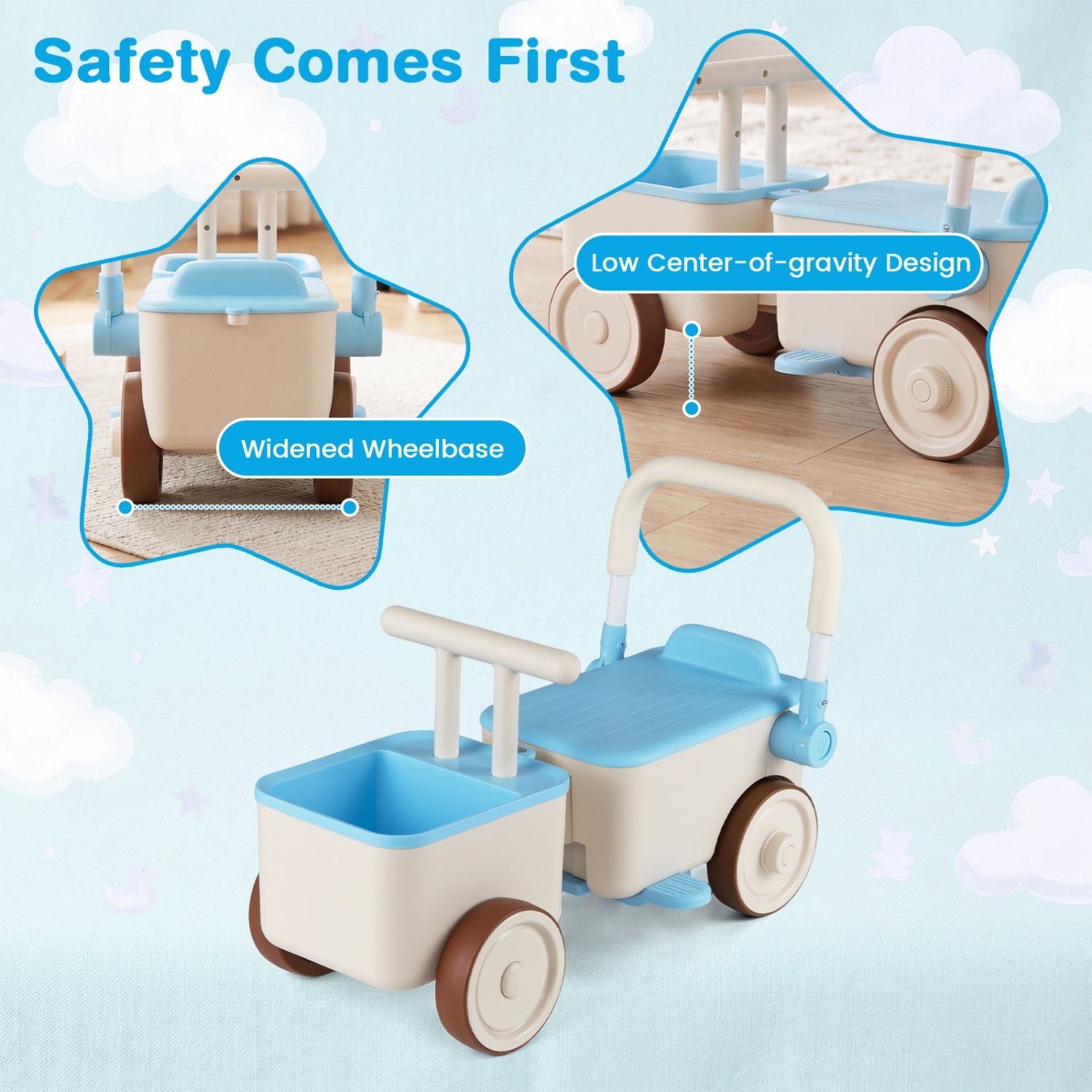 3-in-1 Kids Ride On Push Car with Rope and Storage Basket-Blue
