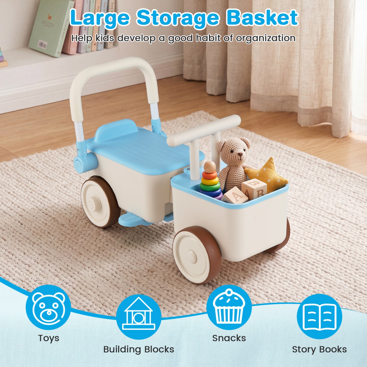 3-in-1 Kids Ride On Push Car with Rope and Storage Basket-Blue