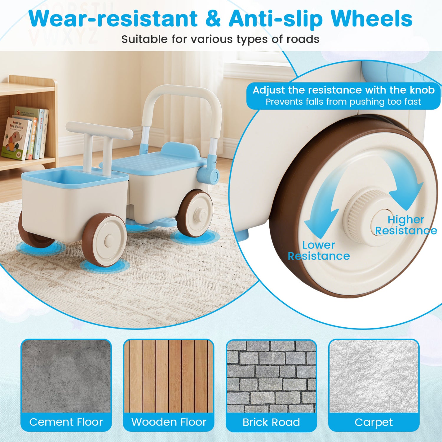 3-in-1 Kids Ride On Push Car with Rope and Storage Basket-Blue