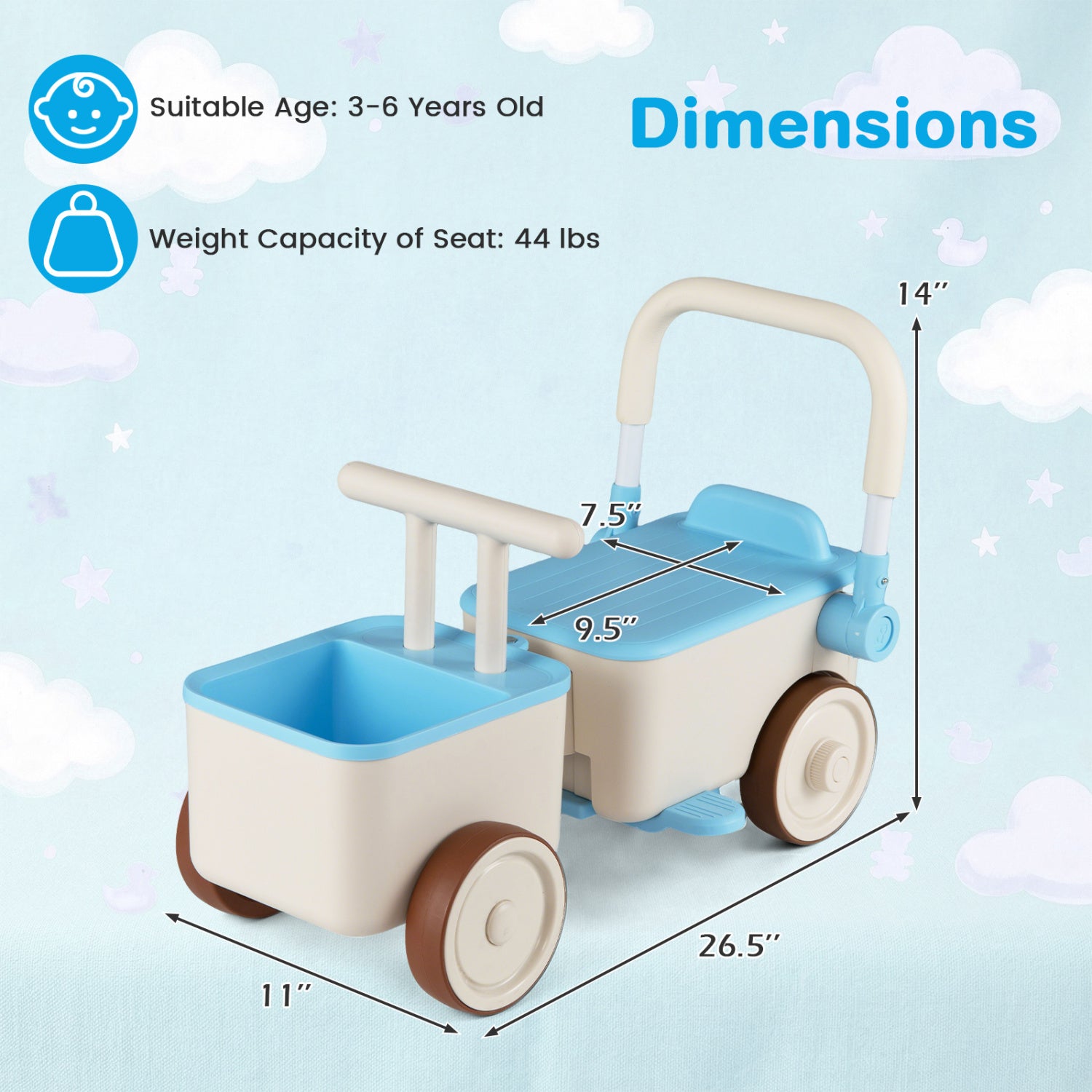 3-in-1 Kids Ride On Push Car with Rope and Storage Basket-Blue