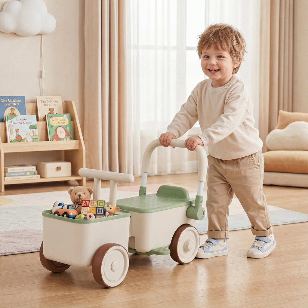 3-in-1 Kids Ride On Push Car with Rope and Storage Basket-Green