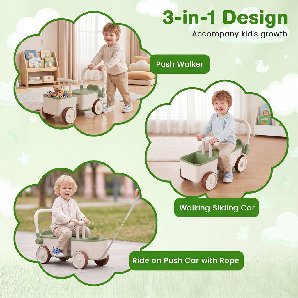 3-in-1 Kids Ride On Push Car with Rope and Storage Basket-Green