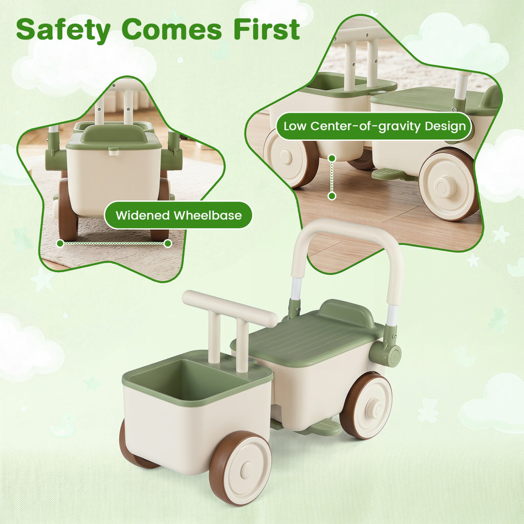 3-in-1 Kids Ride On Push Car with Rope and Storage Basket-Green