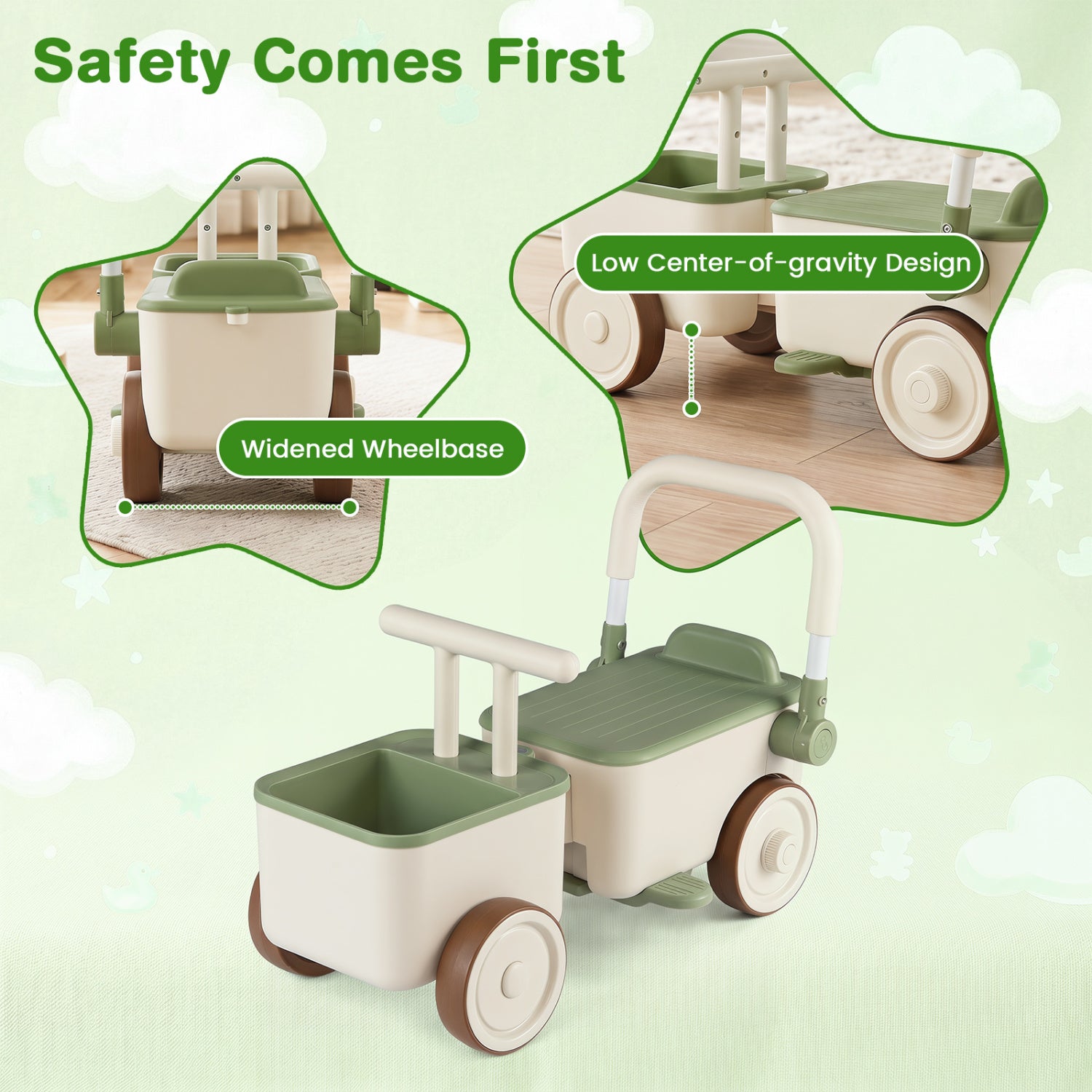 3-in-1 Kids Ride On Push Car with Rope and Storage Basket-Green