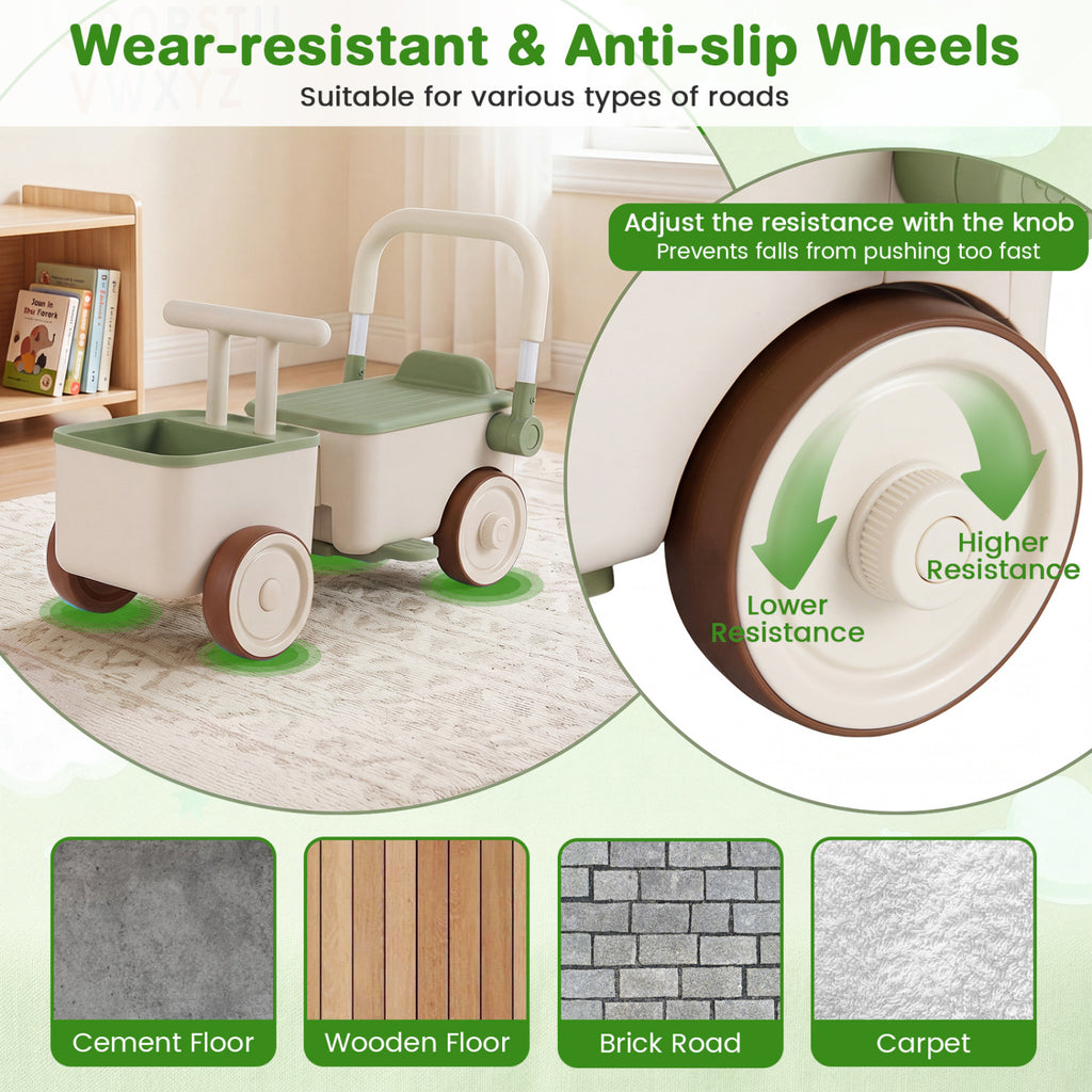3-in-1 Kids Ride On Push Car with Rope and Storage Basket-Green