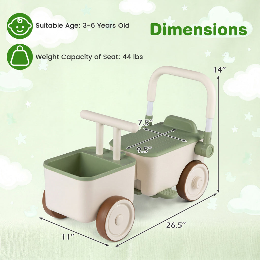 3-in-1 Kids Ride On Push Car with Rope and Storage Basket-Green