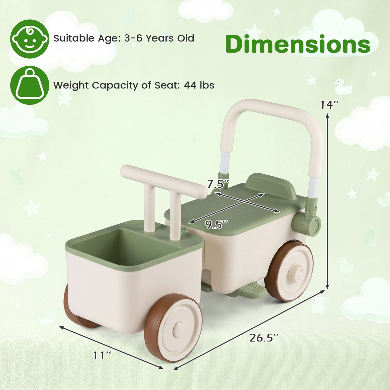 3-in-1 Kids Ride On Push Car with Rope and Storage Basket-Green
