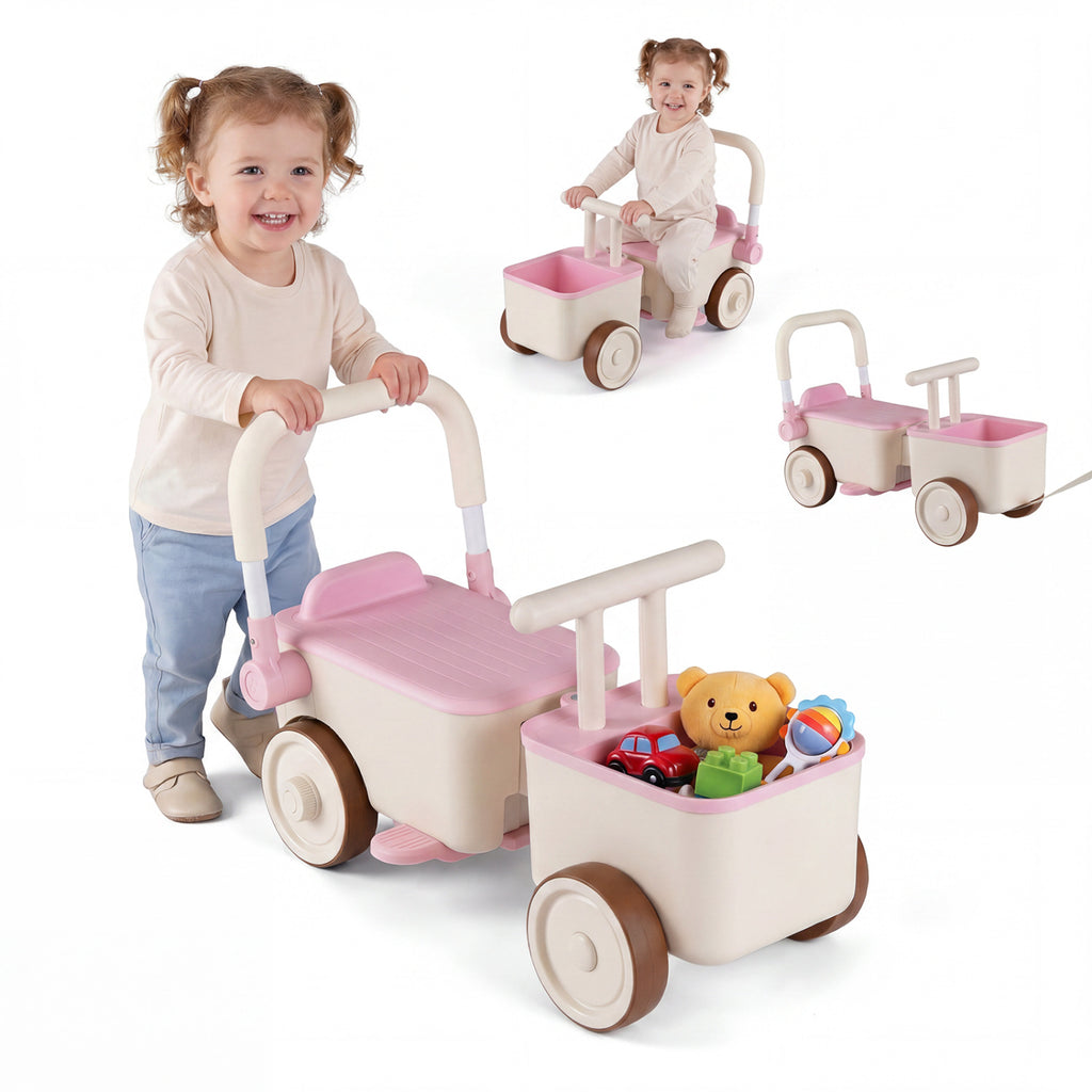 3-in-1 Kids Ride On Push Car with Rope and Storage Basket-Pink