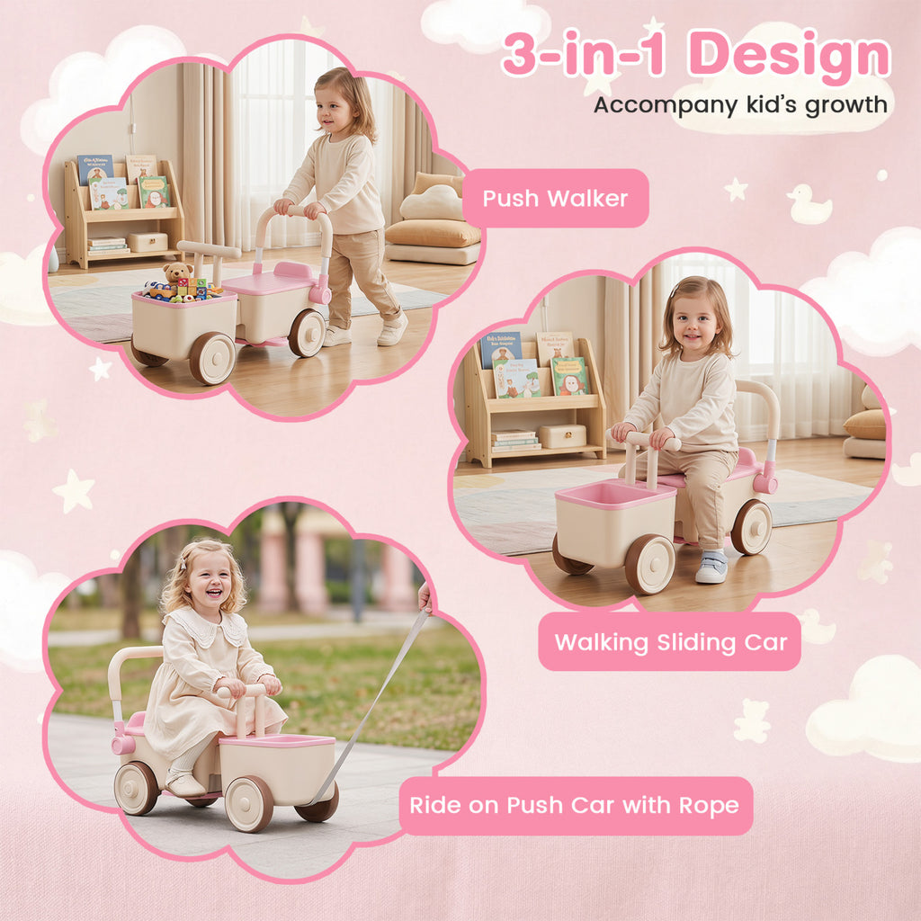 3-in-1 Kids Ride On Push Car with Rope and Storage Basket-Pink