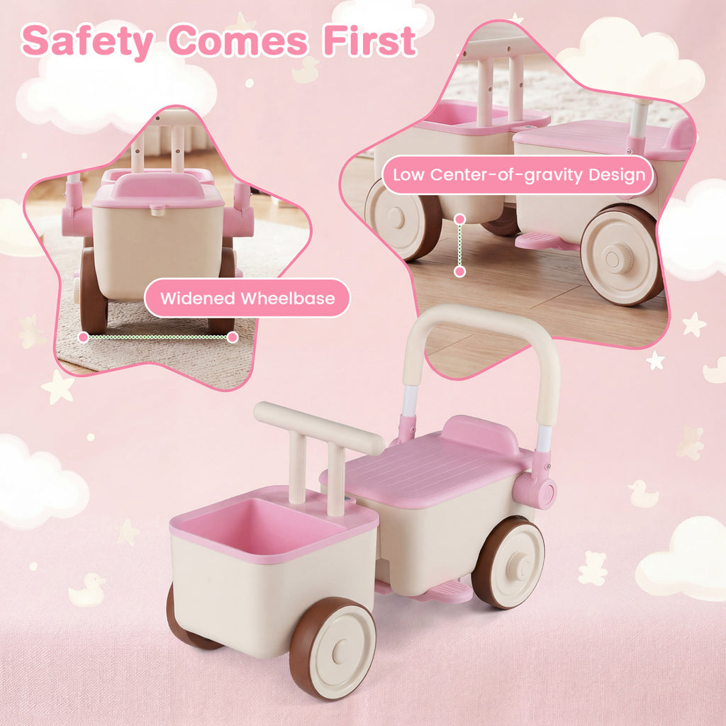 3-in-1 Kids Ride On Push Car with Rope and Storage Basket-Pink