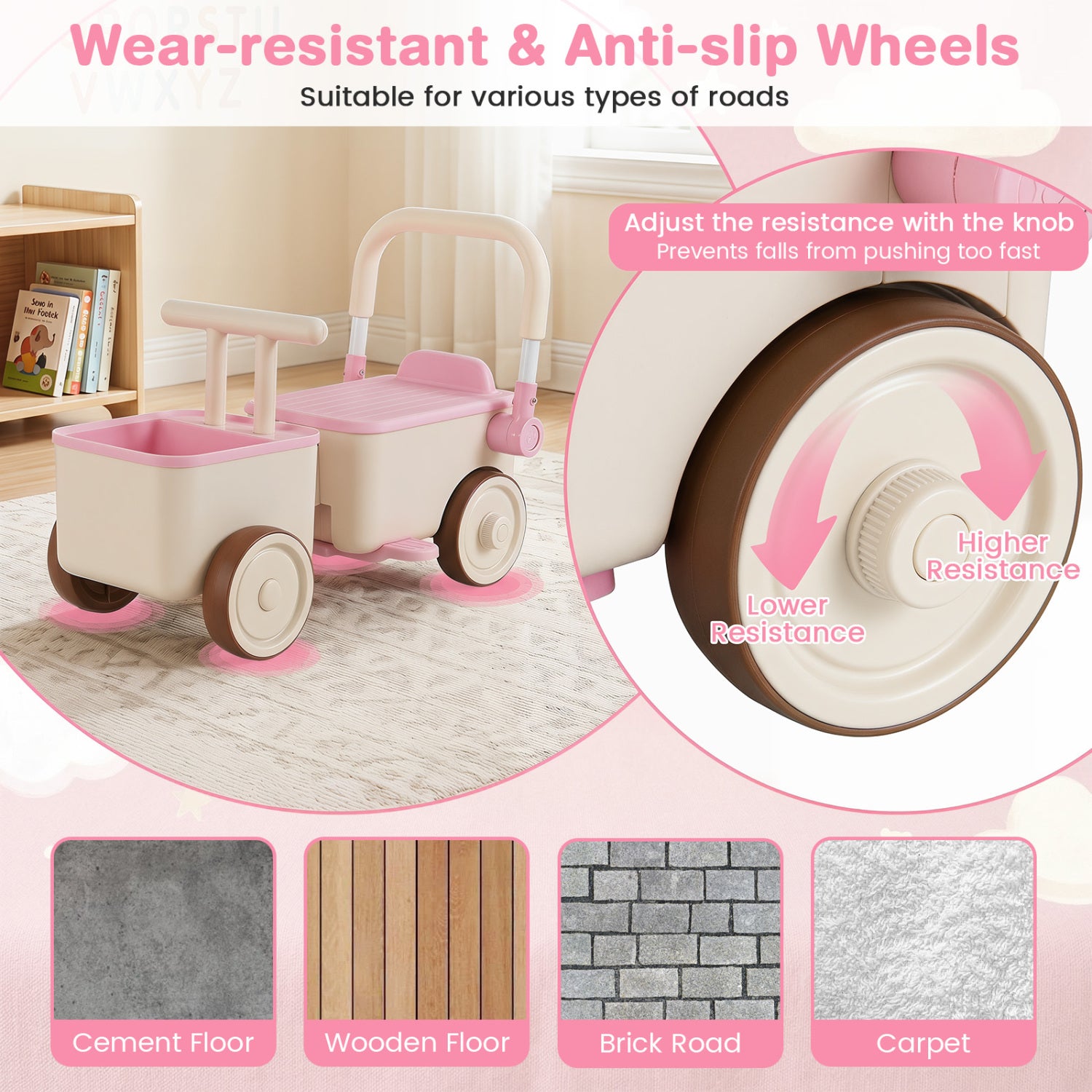 3-in-1 Kids Ride On Push Car with Rope and Storage Basket-Pink