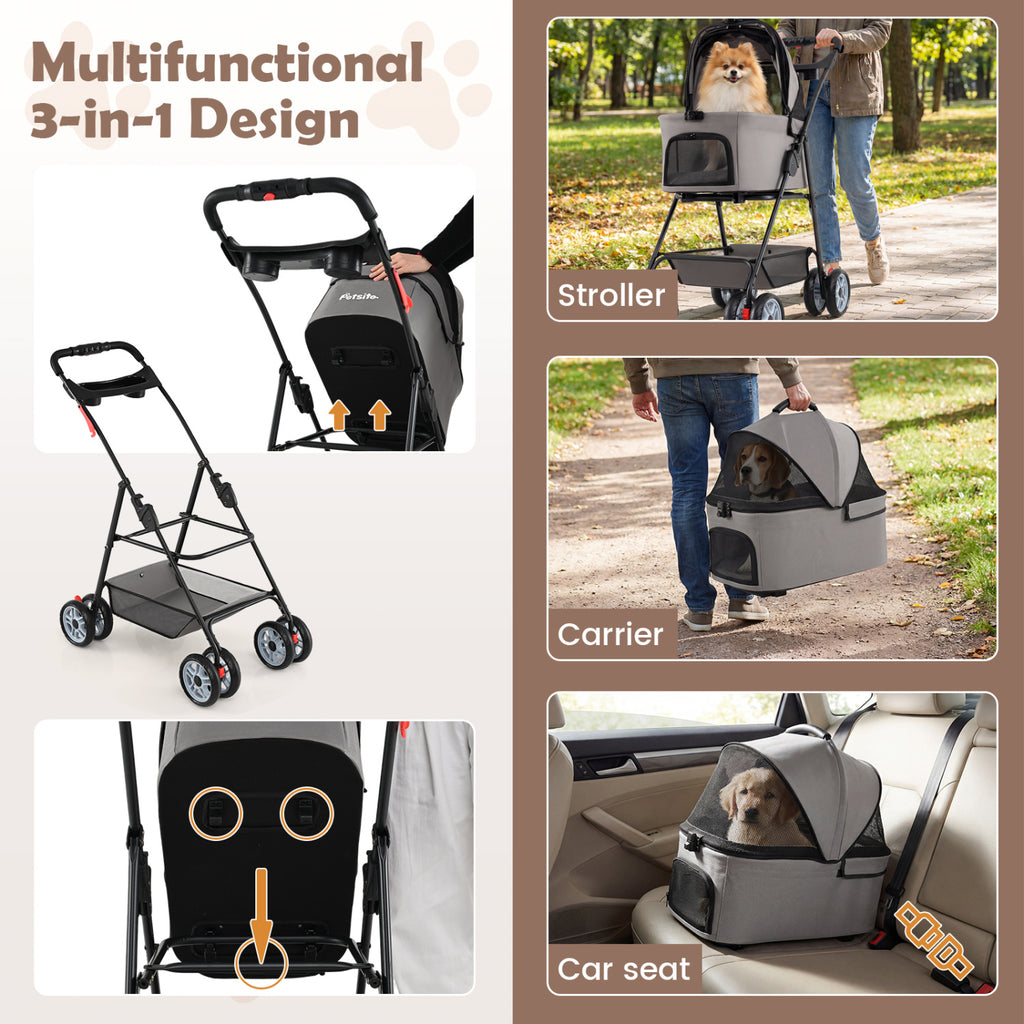 3 in 1 Pet Stroller with Removable Carrier up to 33 lbs-Gray