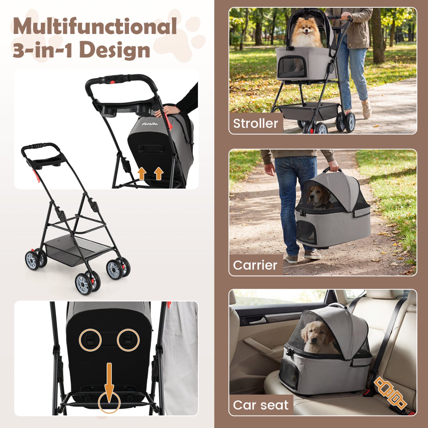 3 in 1 Pet Stroller with Removable Carrier up to 33 lbs-Gray