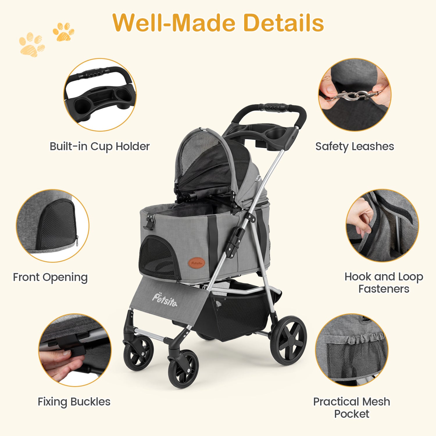 3-in-1 Pet Stroller for Small Medium Dogs Foldable with Detachable Carrier-Gray