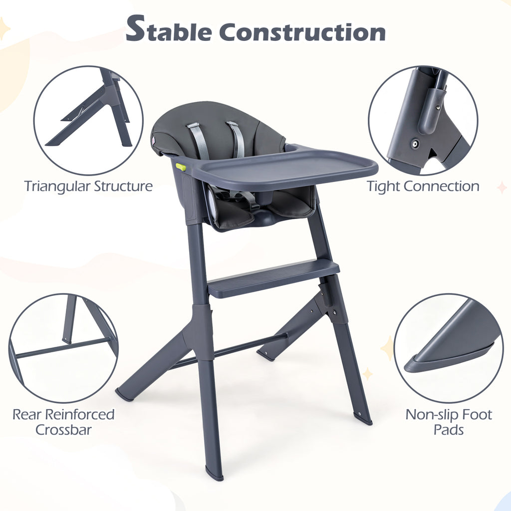 3-in-1 Washable Baby High Chair with Tray Footrest-Gray