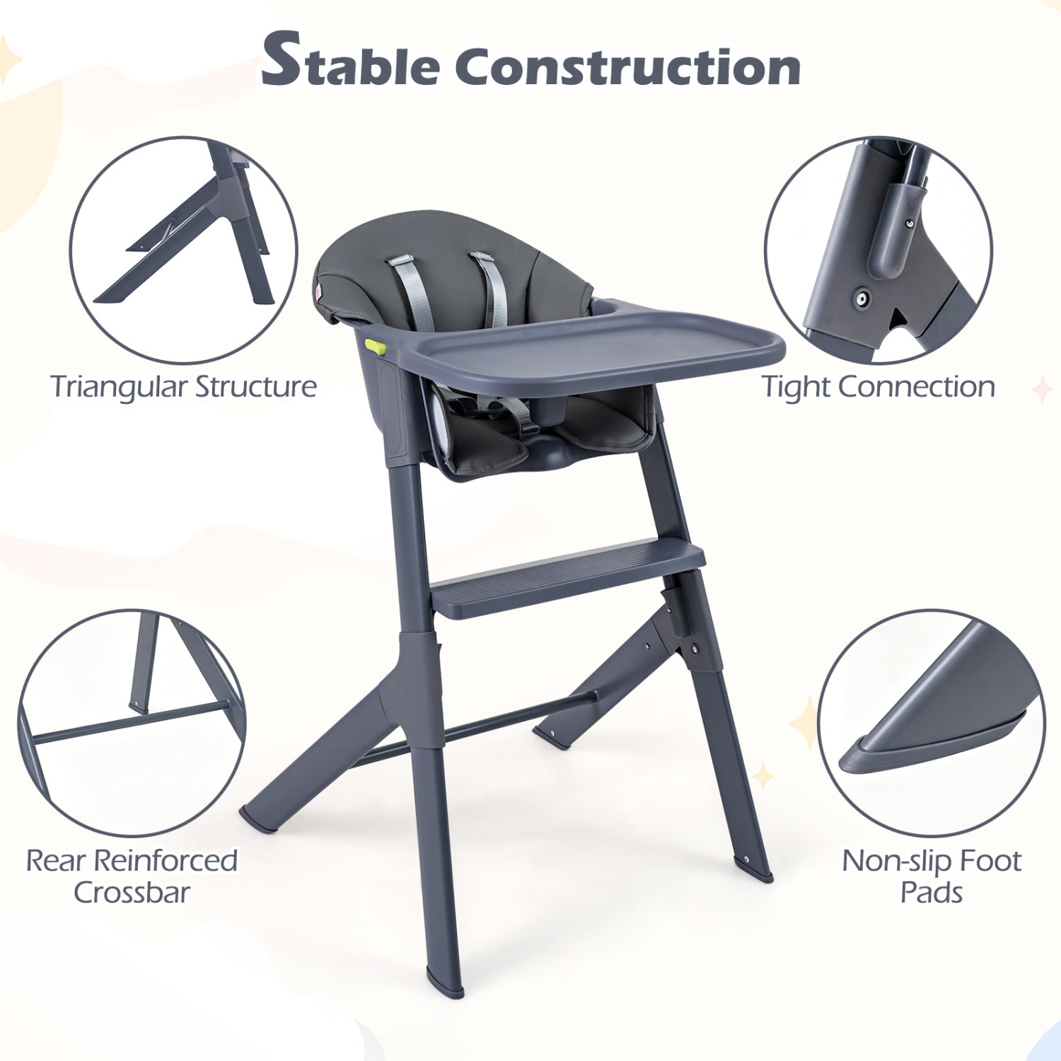 3-in-1 Washable Baby High Chair with Tray Footrest-Gray