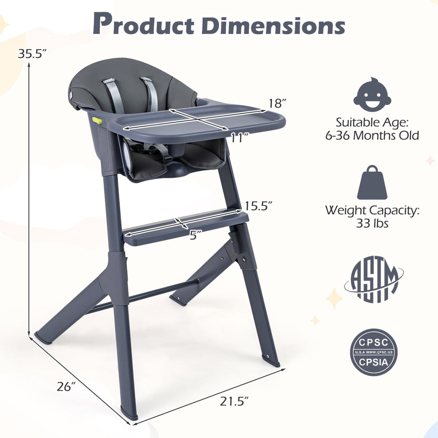 3-in-1 Washable Baby High Chair with Tray Footrest-Gray